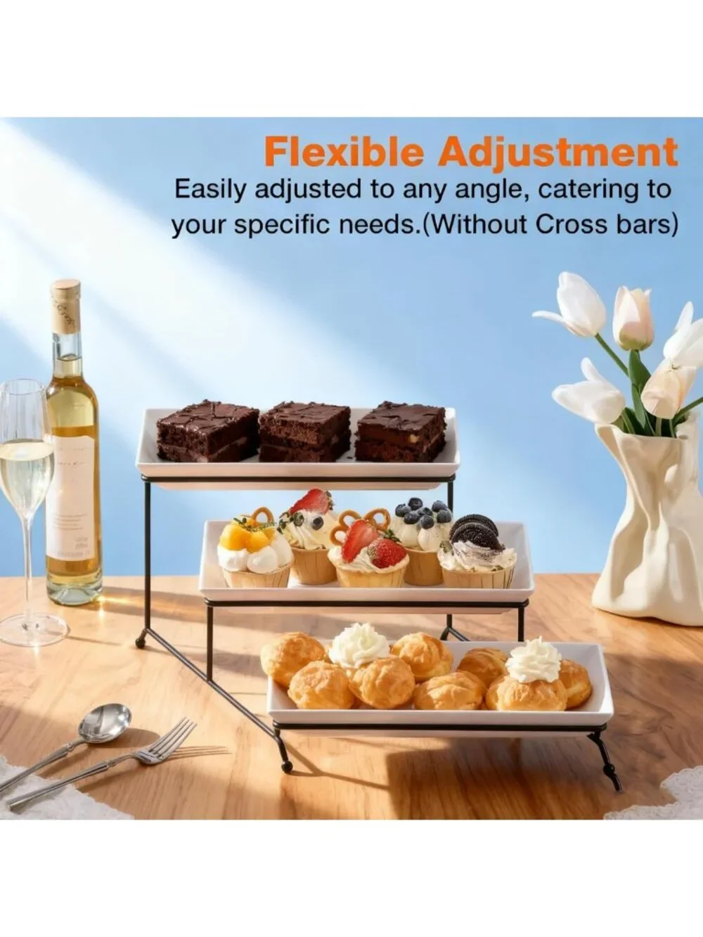 3-Tier White Plastic Serving Tray with Collapsible Metal Stand - Perfect for